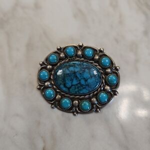Turquoise Stone Oval Brooch - Blue Silver-Tone Accent
